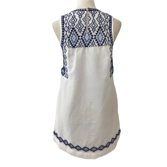 Lucky Brand Boho Blue Embroidered White Cotton Linen Blend Shift Dress Sz Small - Picture 9 of 12